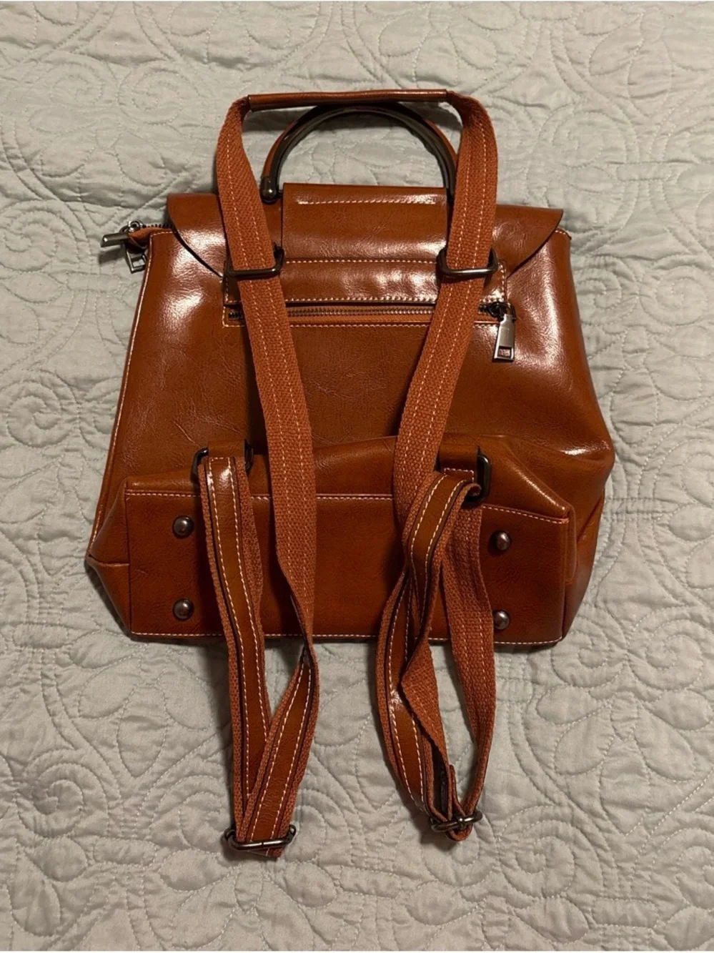 Japan original brand Structured Leatherette Backpack in Cognac Brown
